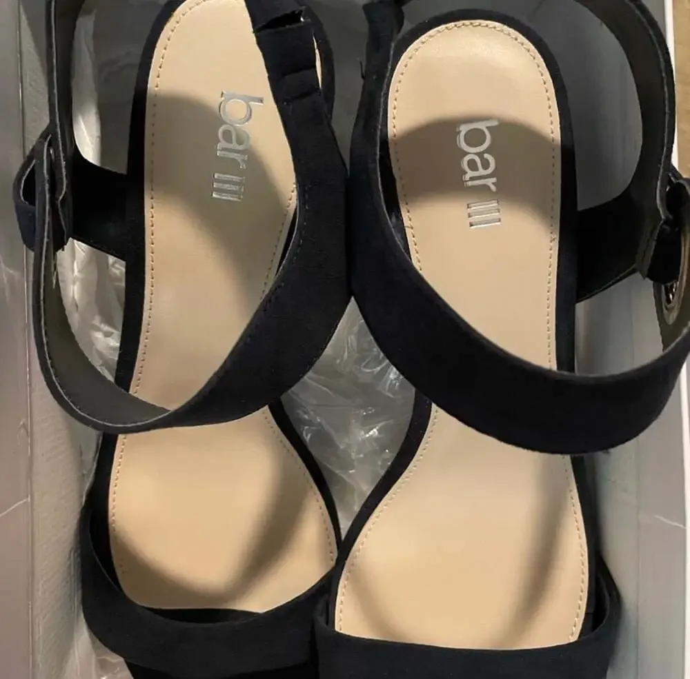 Bar III Birdie 2 Navy Blue Faux Suede Block Heel Ankle Strap Sandals
